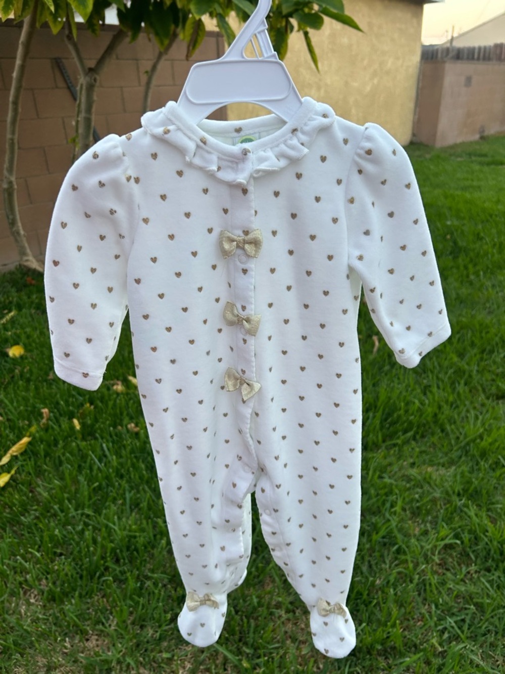 Little Me White Footed One-Piece with Gold Hearts